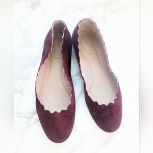 Chloe Suede Burgundy Purple Scalloped Ballerina Flats